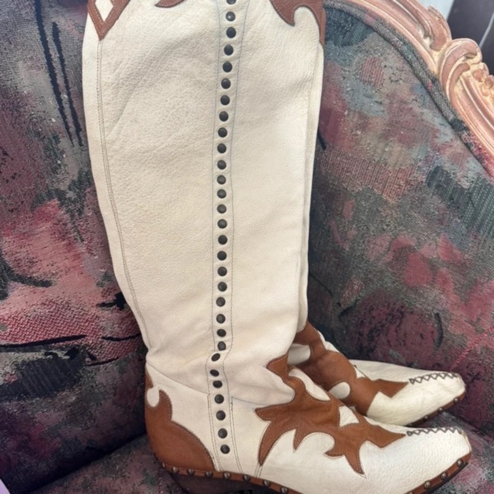 Cream and Brown Western Knee-High Heeled Boots